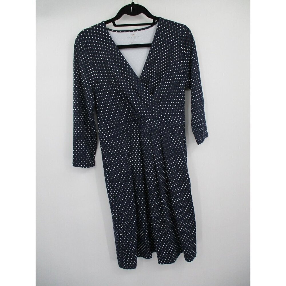 Talbots Womens Dress 10P Petites Blue Navy Polka Dot V Neck Nylon Stretchy Knit - Picture 2 of 16